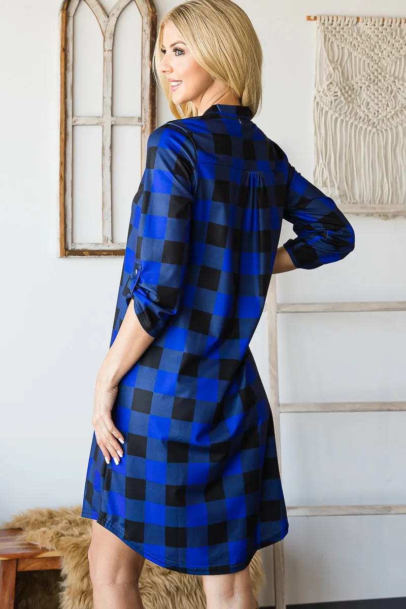 Haute Edition Women's 3/4 Plaid Roll-Tab Sleeve Shirt Dress