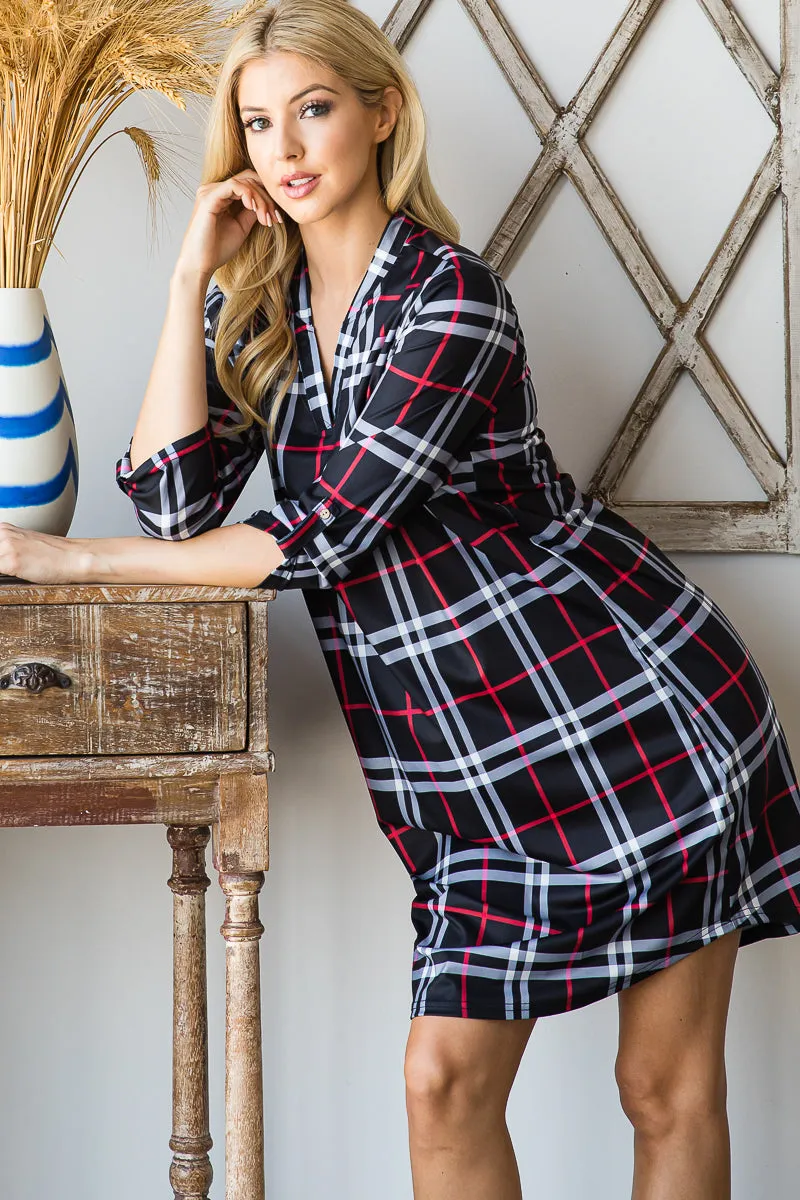 Haute Edition Women's 3/4 Plaid Roll-Tab Sleeve Shirt Dress