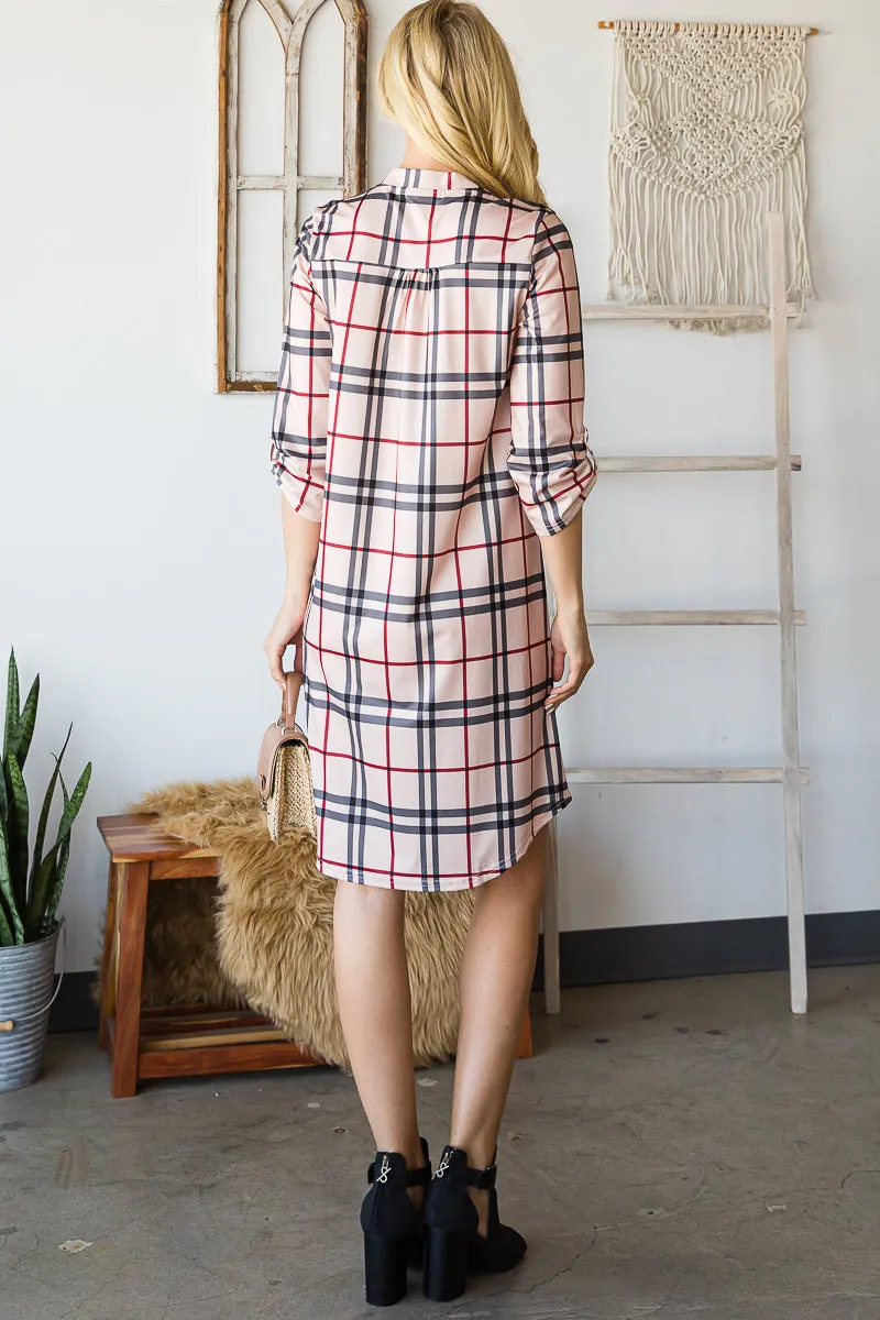 Haute Edition Women's 3/4 Plaid Roll-Tab Sleeve Shirt Dress