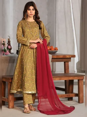 Heera's Olive Cambric 3-Piece Frock Suit