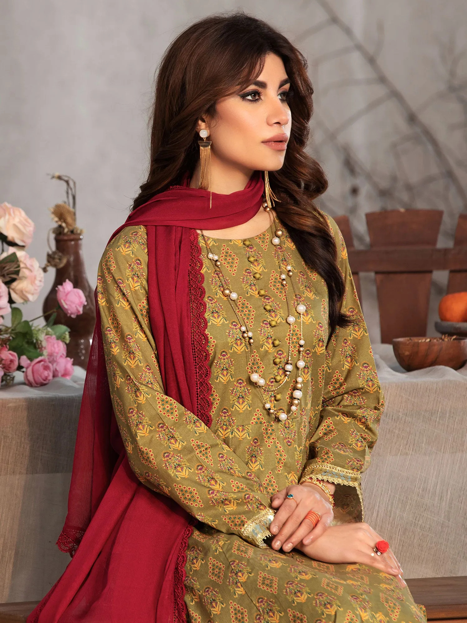 Heera's Olive Cambric 3-Piece Frock Suit