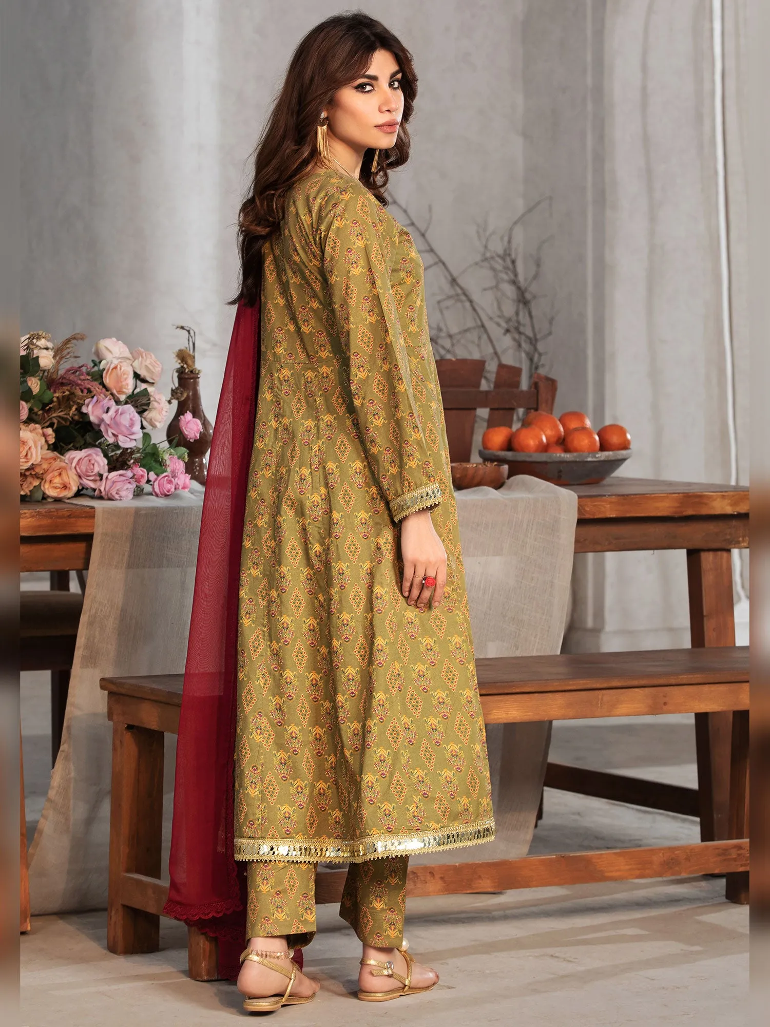 Heera's Olive Cambric 3-Piece Frock Suit