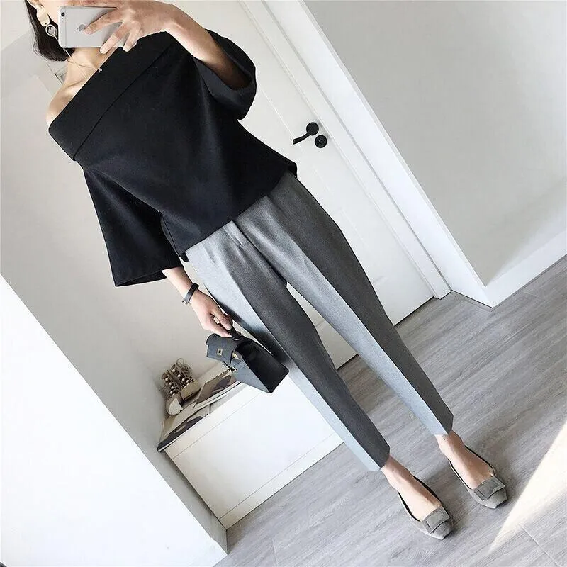 High Waist Long Pants Loose Straight Black Grey