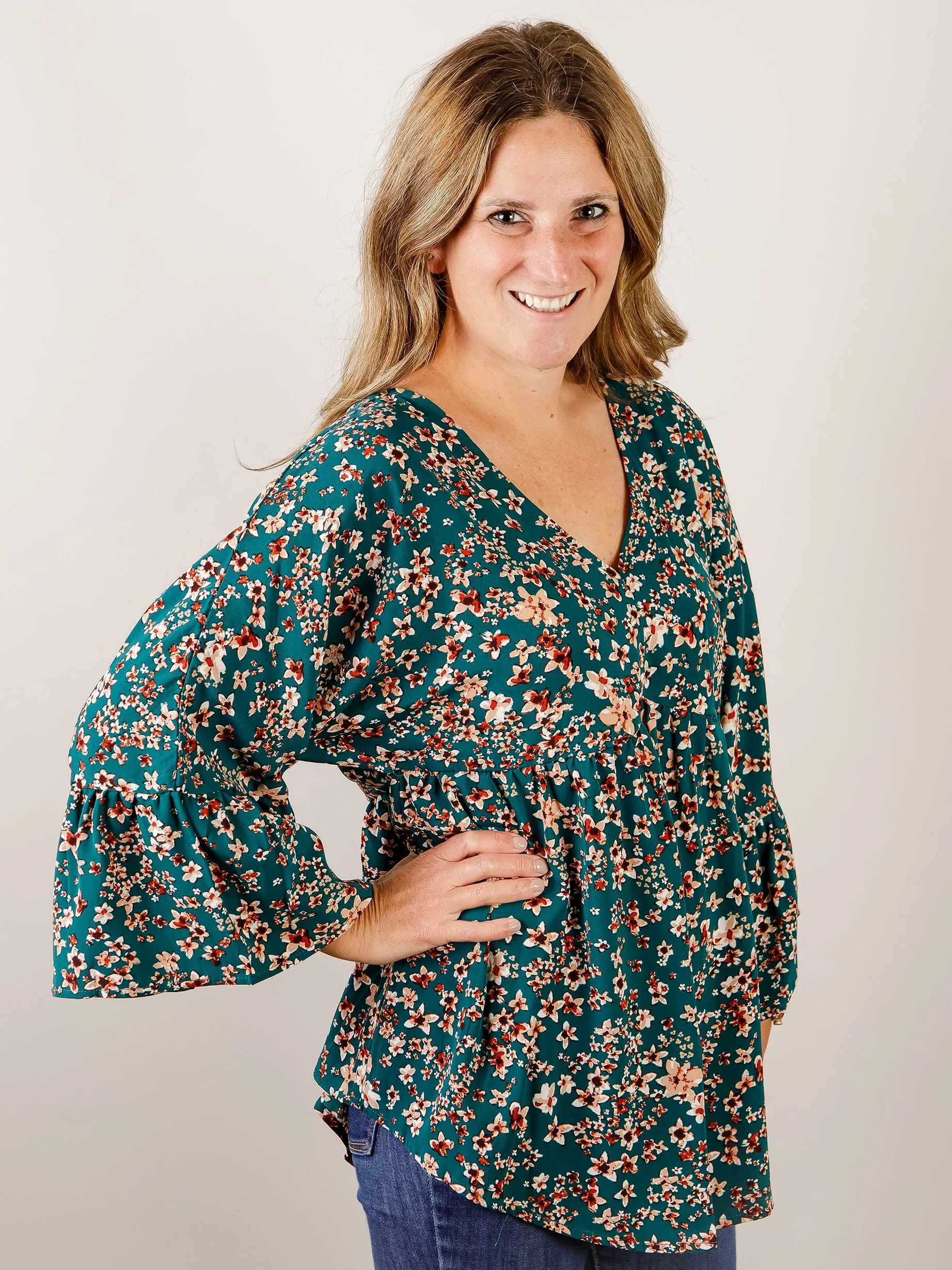 Hunter Green Floral Vneck Blouse