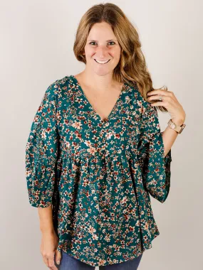 Hunter Green Floral Vneck Blouse