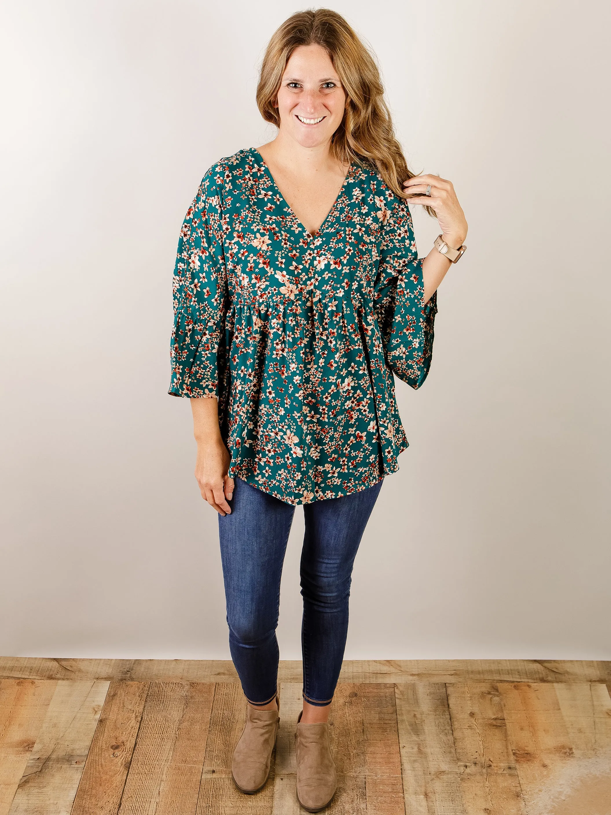 Hunter Green Floral Vneck Blouse