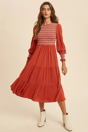 Jamie Smocked Midi Dress in Brick