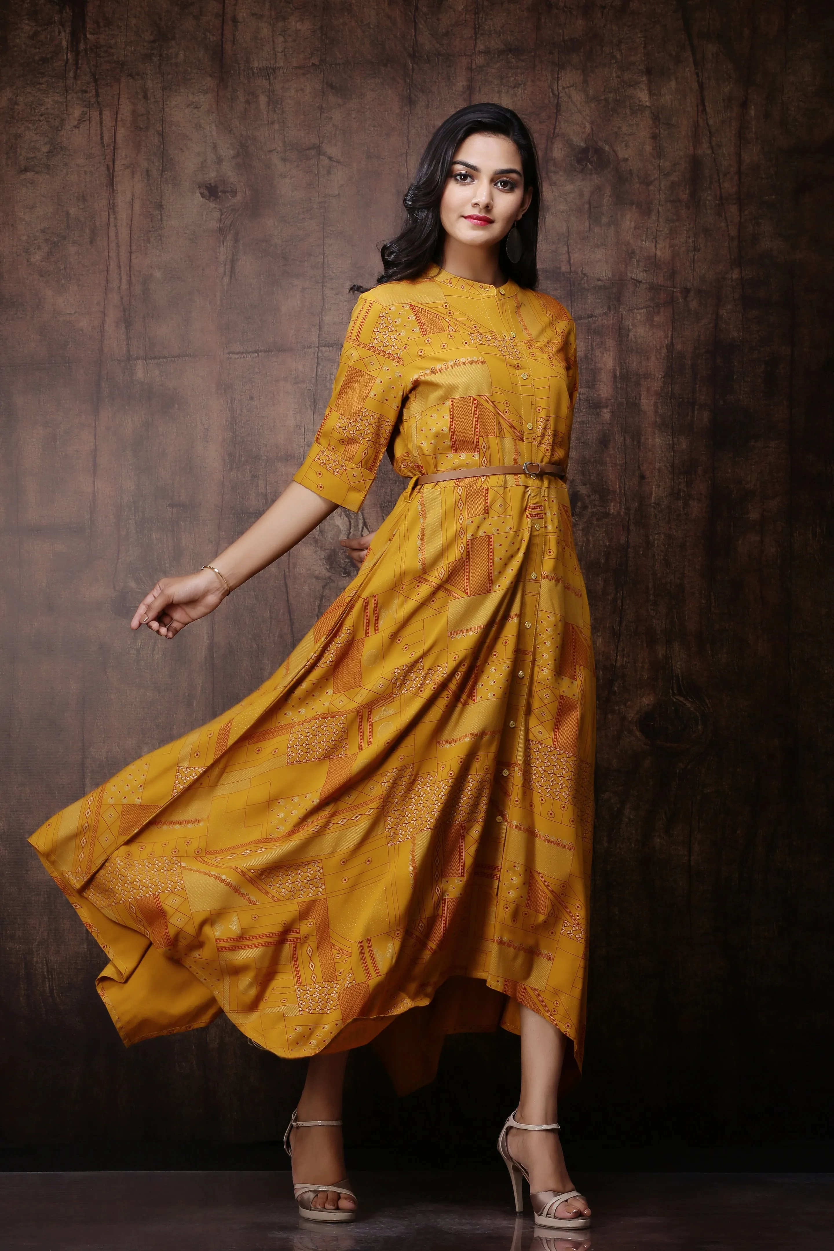 Juniper Mustard Geometric Printed Rayon Asymmetric Maxi Dress