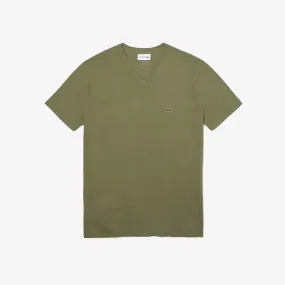 Lacoste V-Neck Pima Cotton Tee In Khaki Green