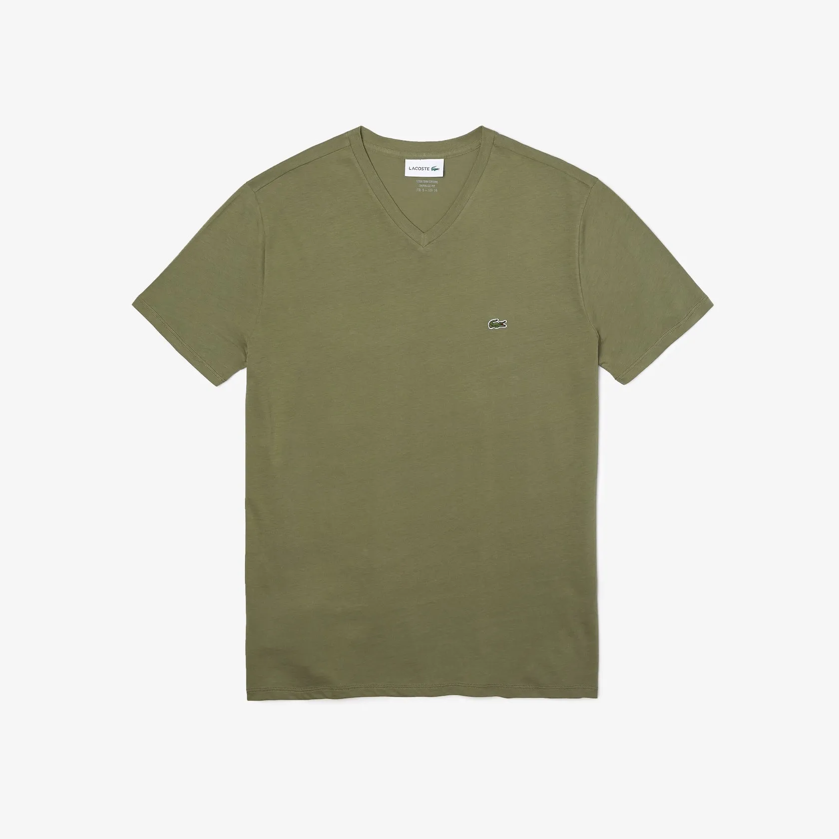 Lacoste V-Neck Pima Cotton Tee In Khaki Green