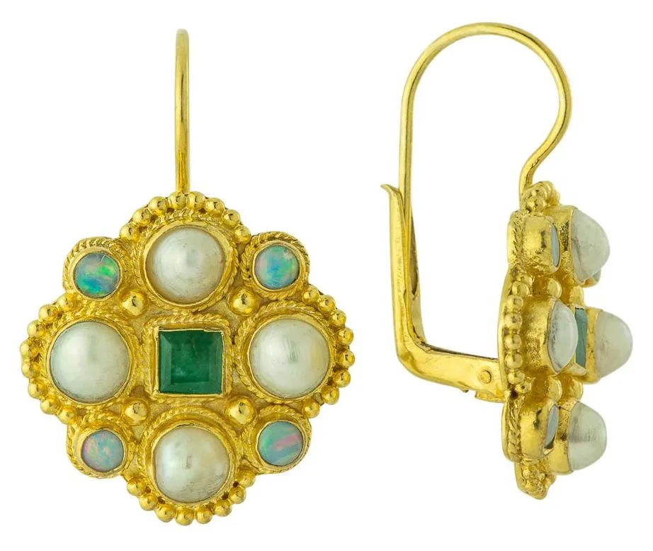 Lady Brighten Pearl, Emerald and Opal Earrings