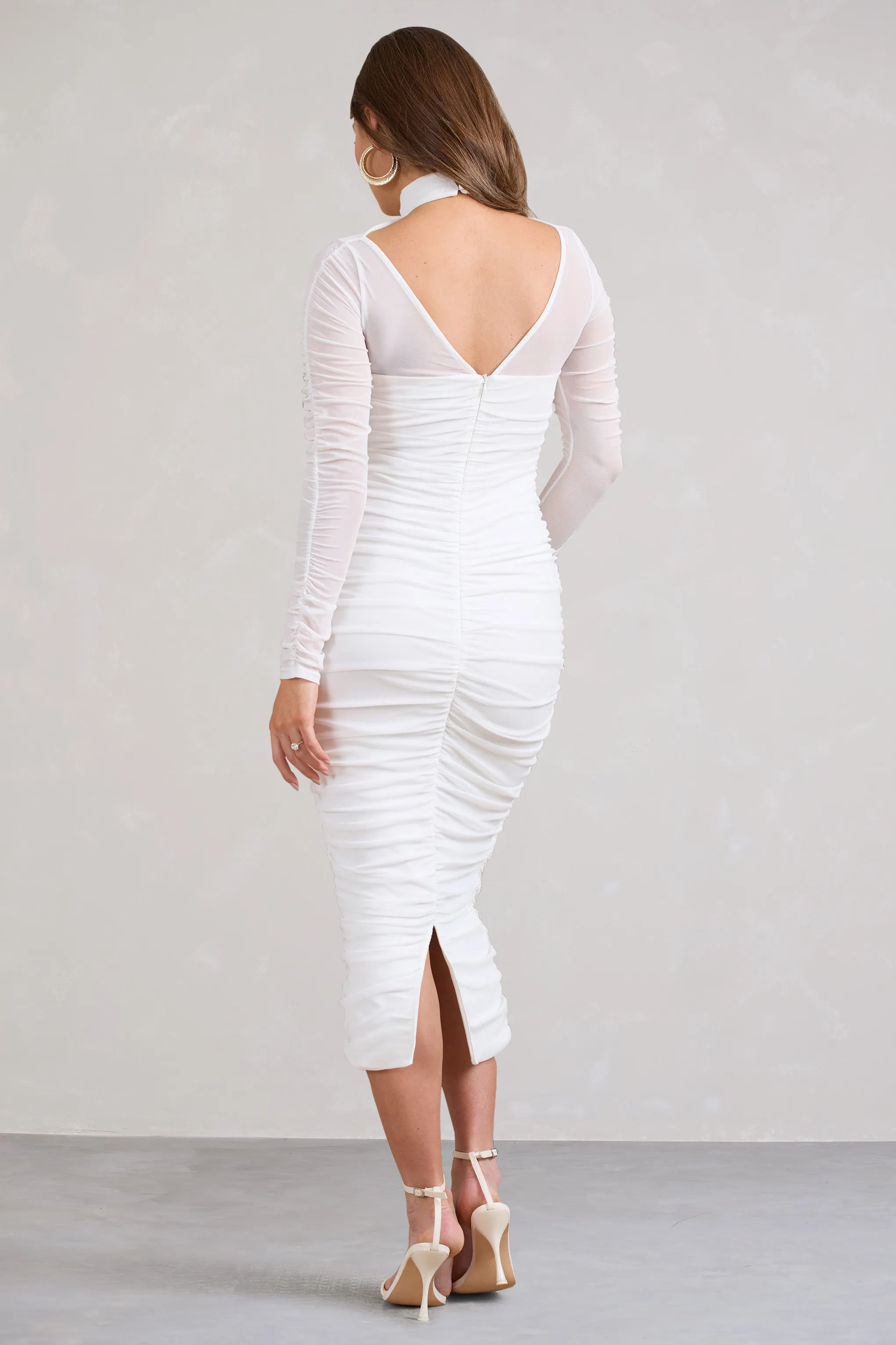 Lady In Waiting | White Ruched Mesh Long-Sleeved Maternity Midi Dress