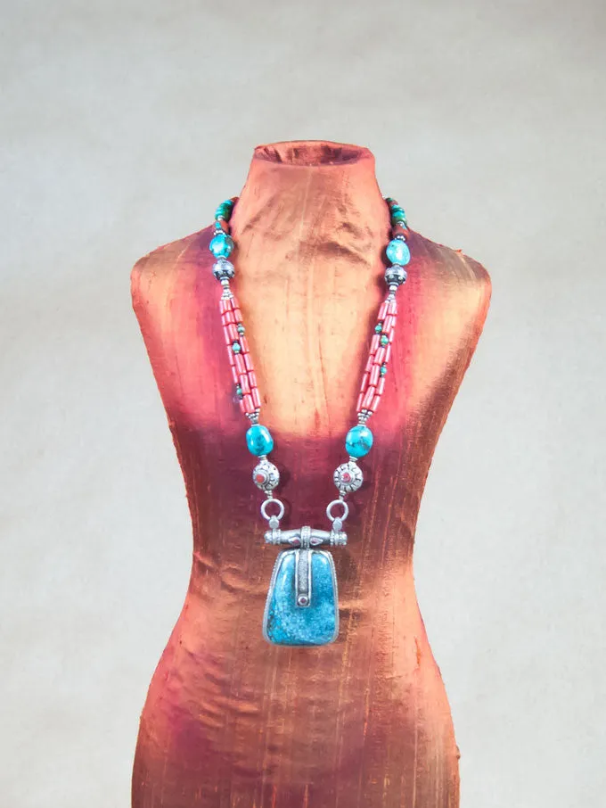 Large Turquoise Pendant with Red Coral beads Silver Necklace