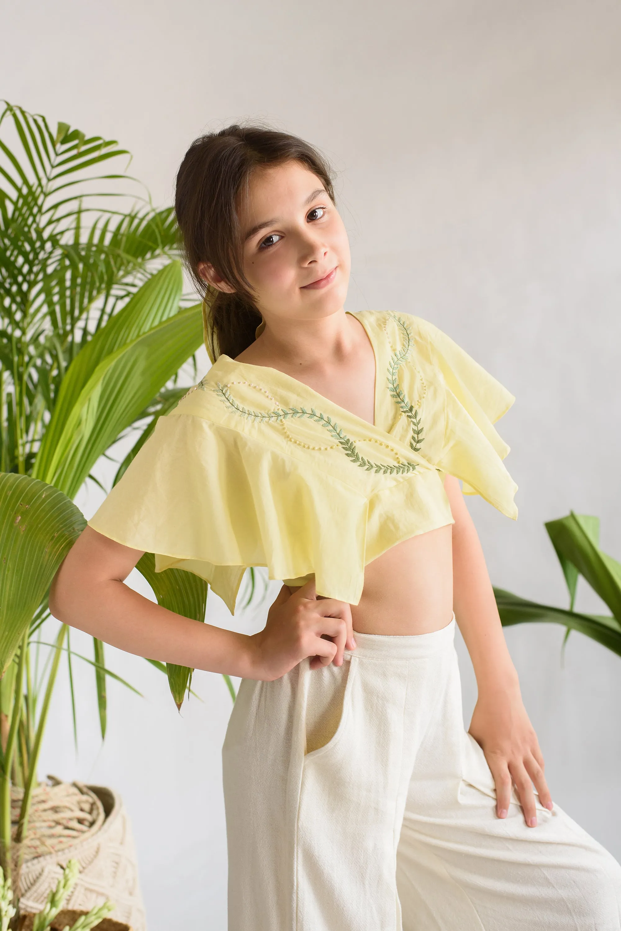 Leaflet Whisper- Embroidered Organic Cotton Crop Top For Girls