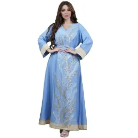 Light Blue Embroidered Beads Abaya Middle Eastern Arab Clothing