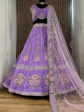 Lilac Slub Silk Wedding Wear Lehenga Choli Set