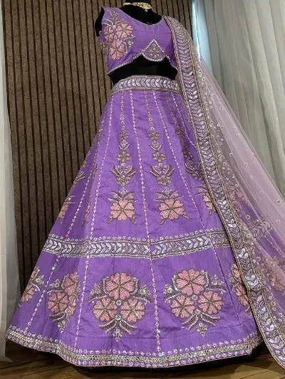 Lilac Slub Silk Wedding Wear Lehenga Choli Set