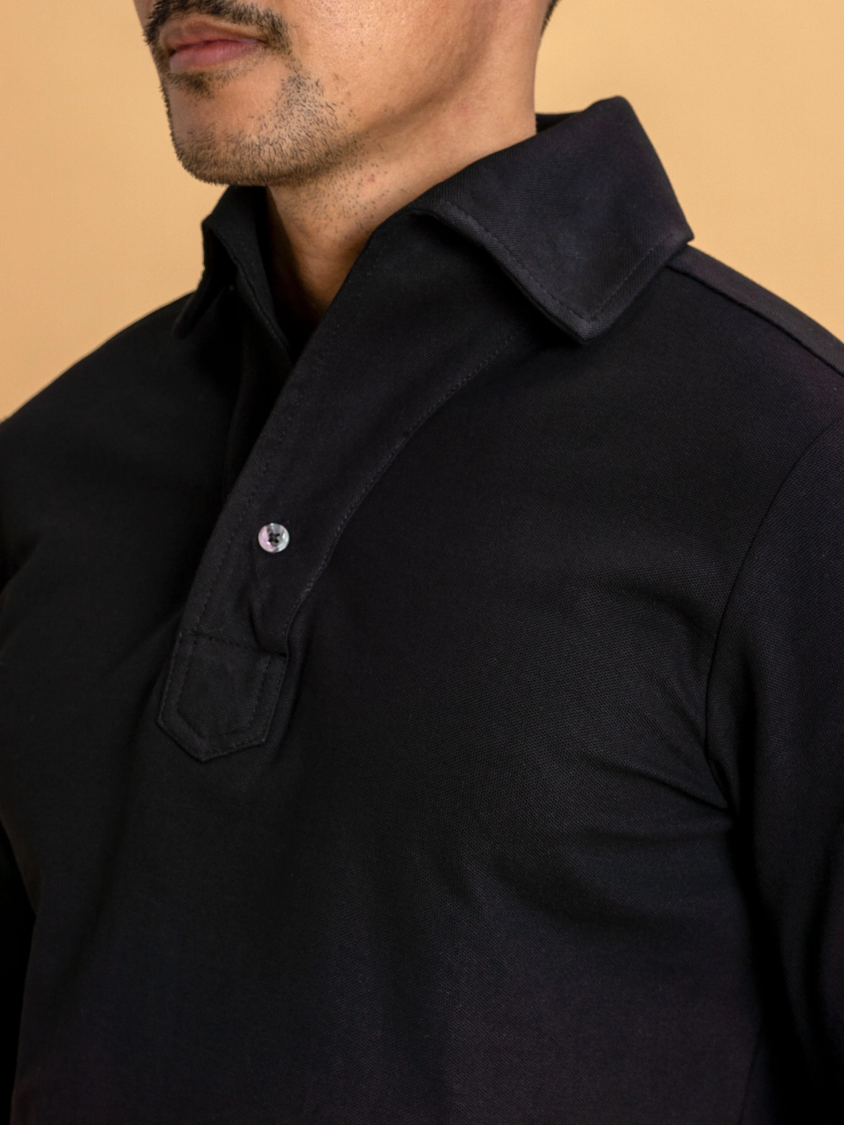 Long Sleeve Polo Shirt - Black One-Piece Collar Single Button