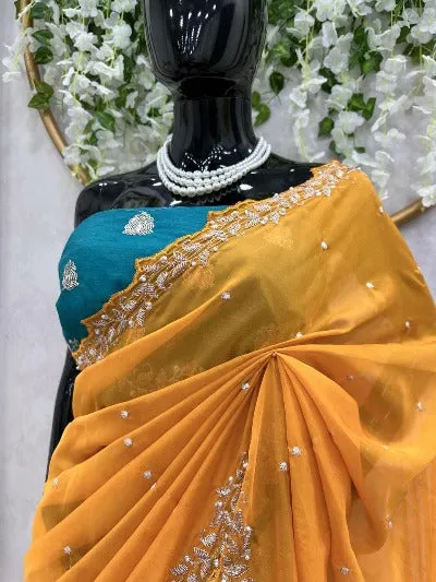 Mango Yellow Tibby Silk Moti Work Saree