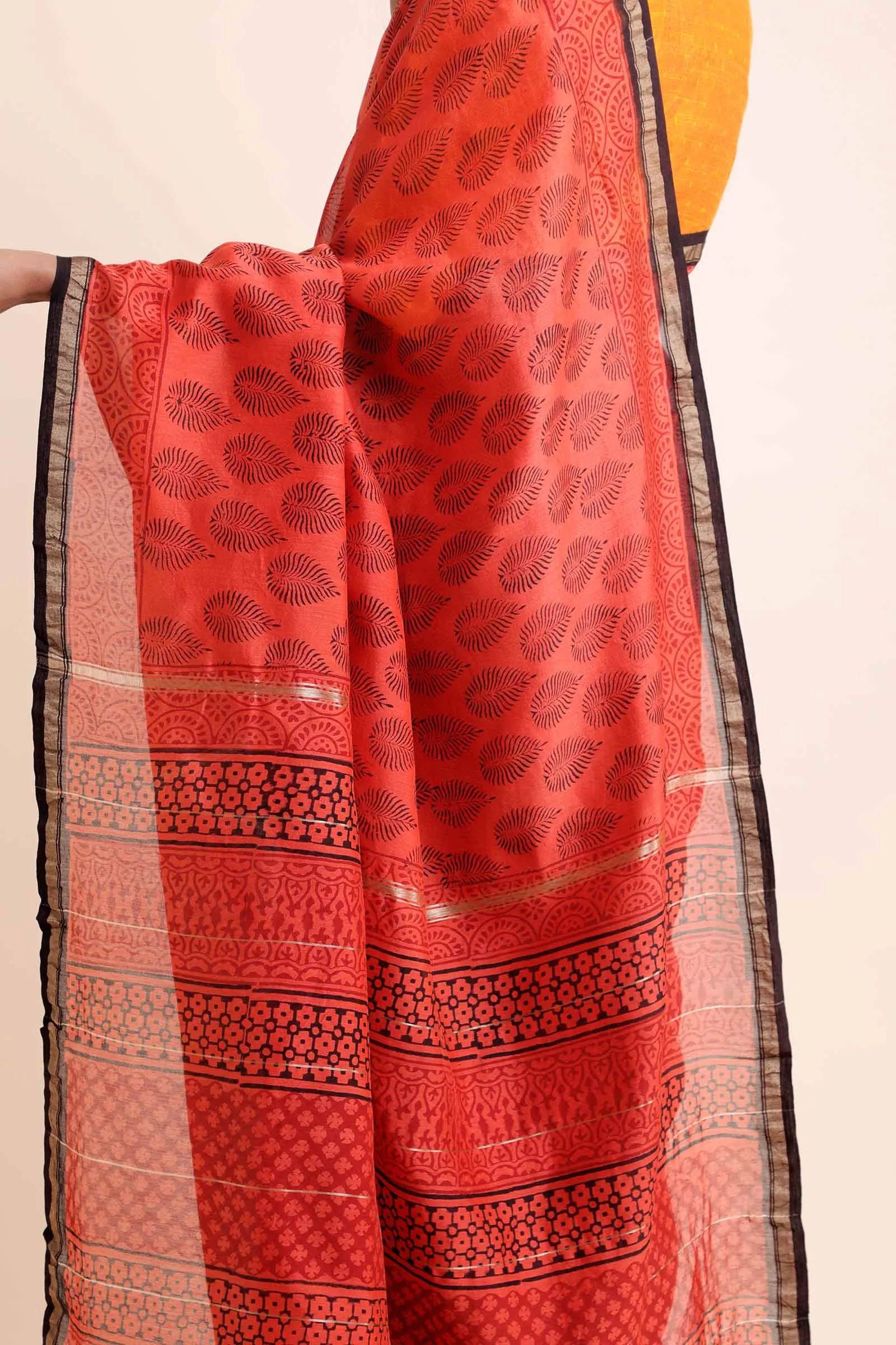 Maple Leaf Chanderi Cotton Silk Saree with Handblock