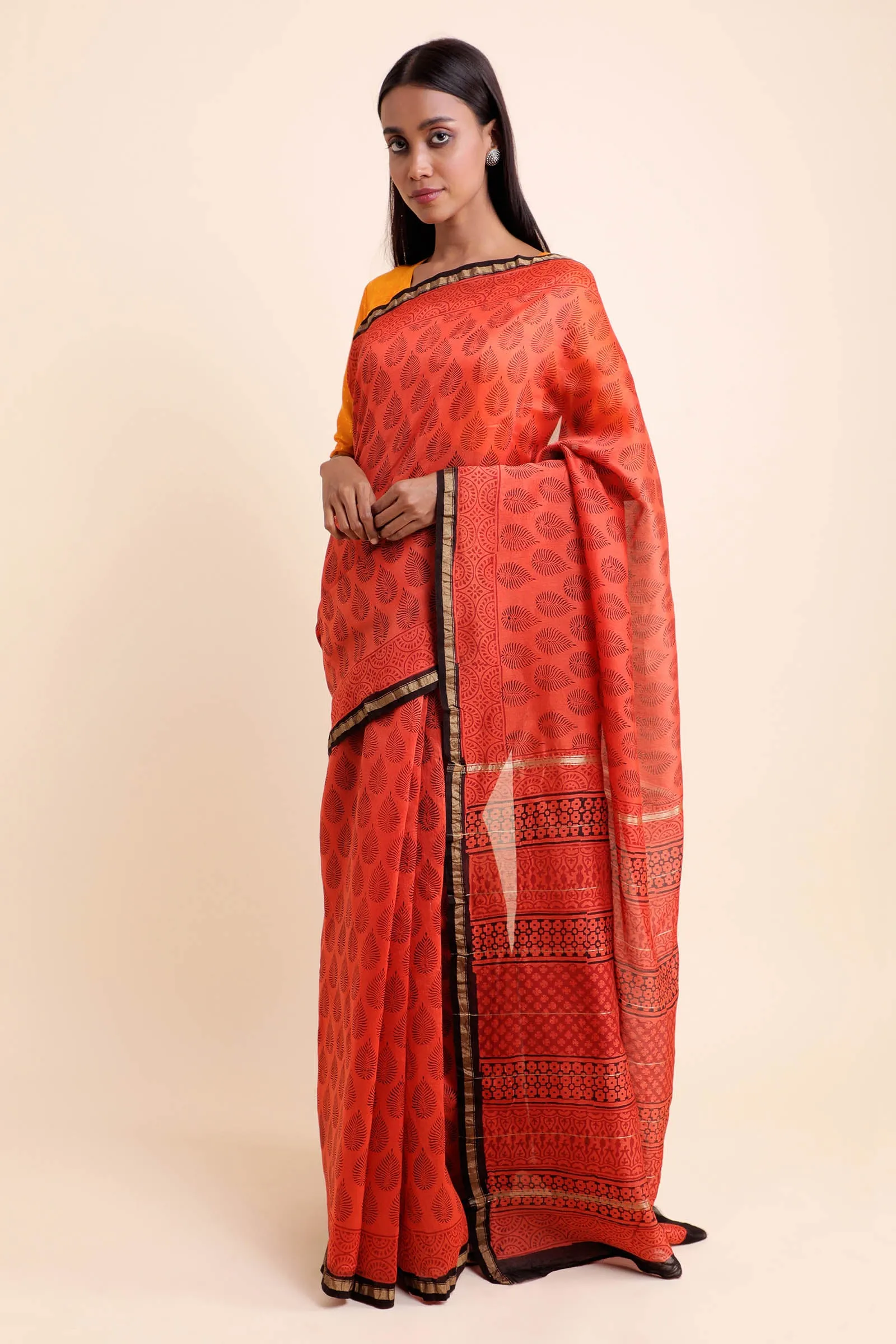 Maple Leaf Chanderi Cotton Silk Saree with Handblock