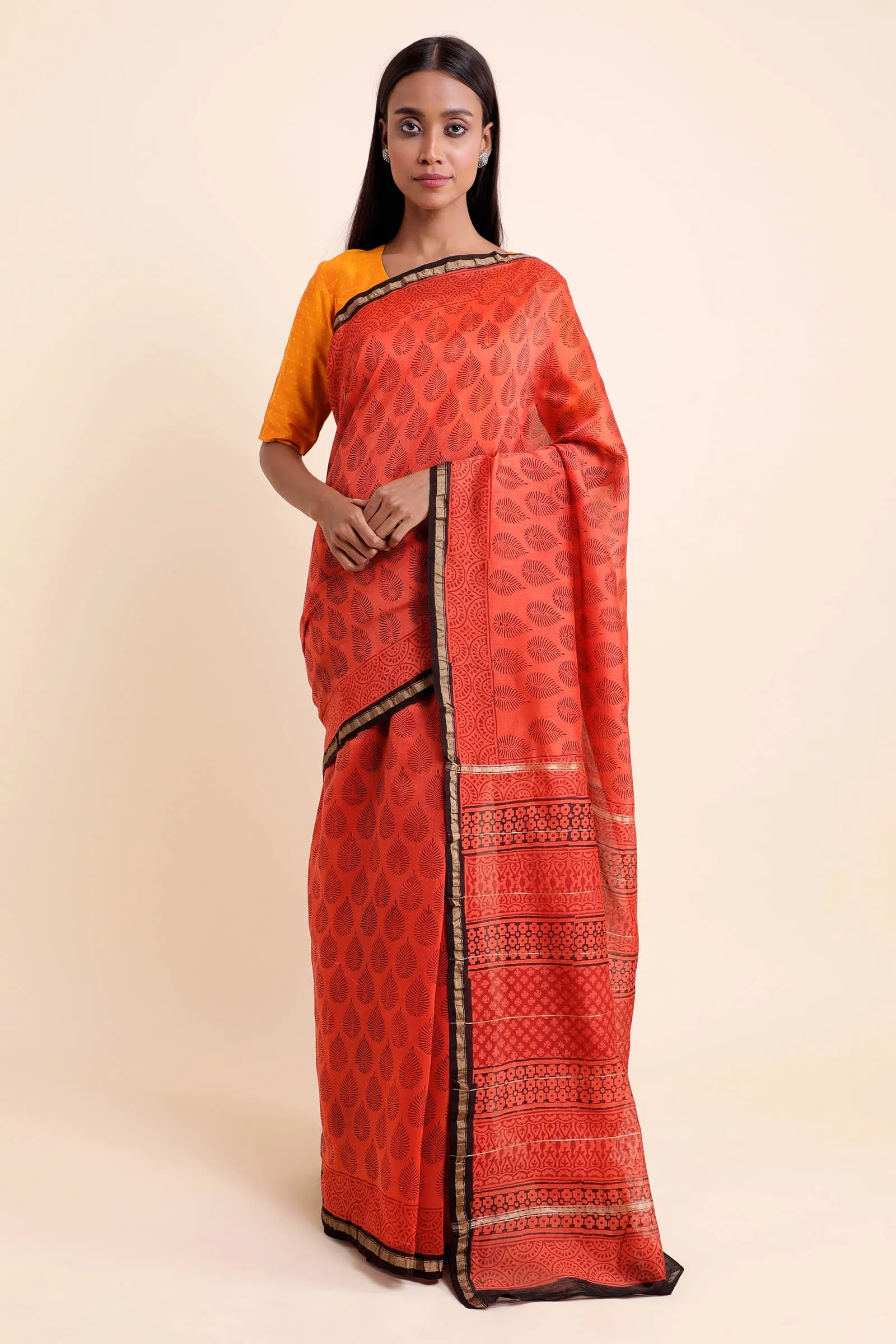 Maple Leaf Chanderi Cotton Silk Saree with Handblock