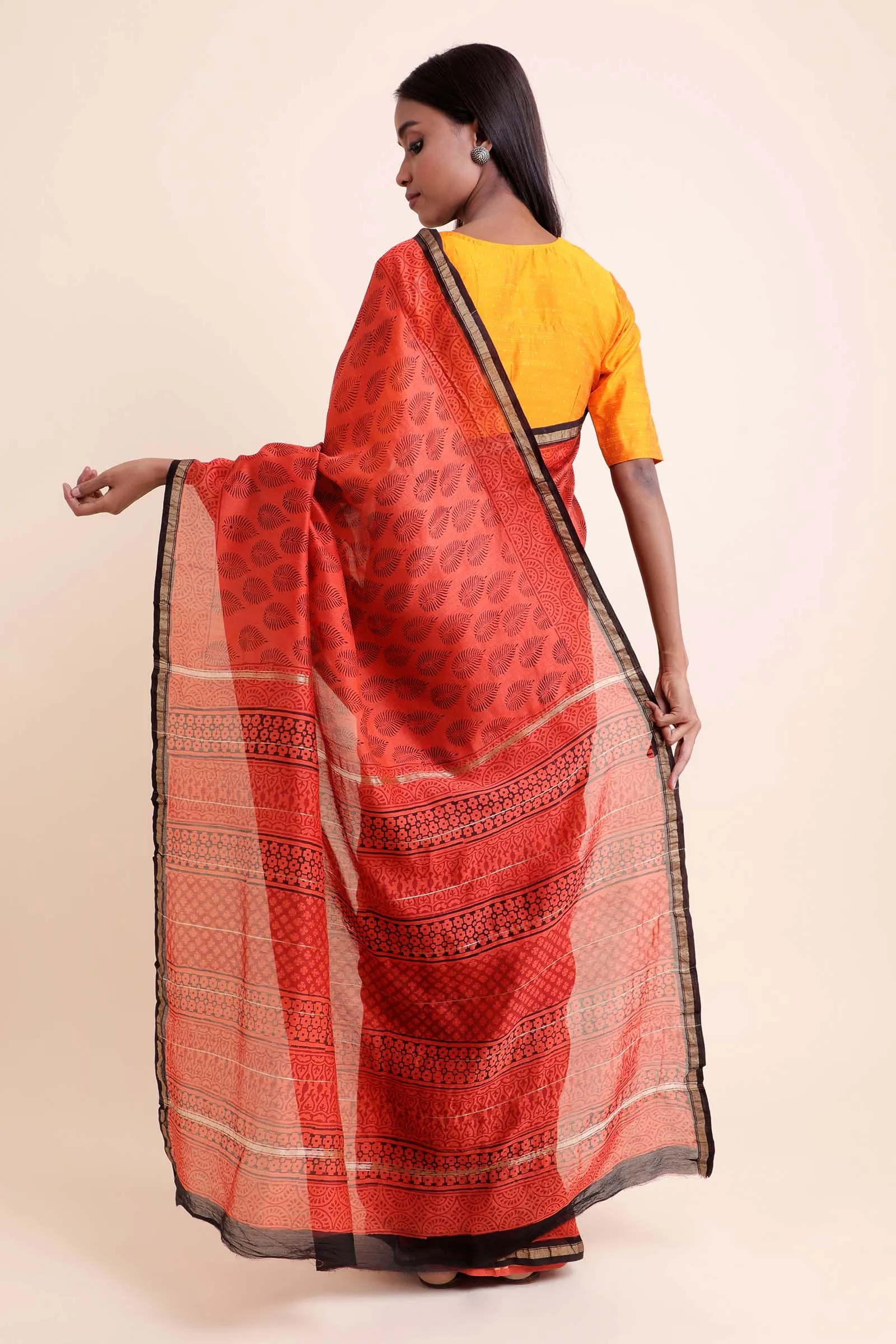 Maple Leaf Chanderi Cotton Silk Saree with Handblock