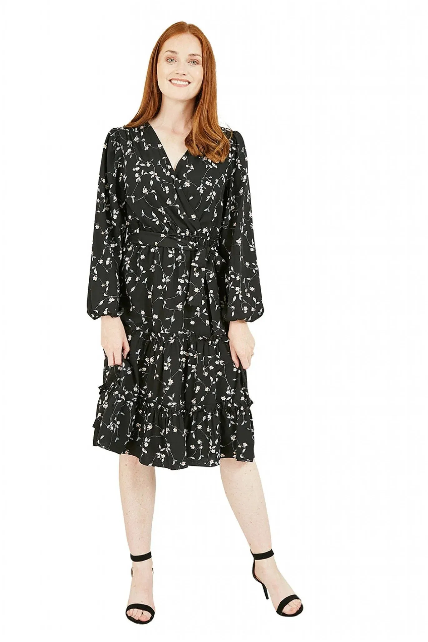 Mela London Black Floral Wrap Dress With Frill Hem