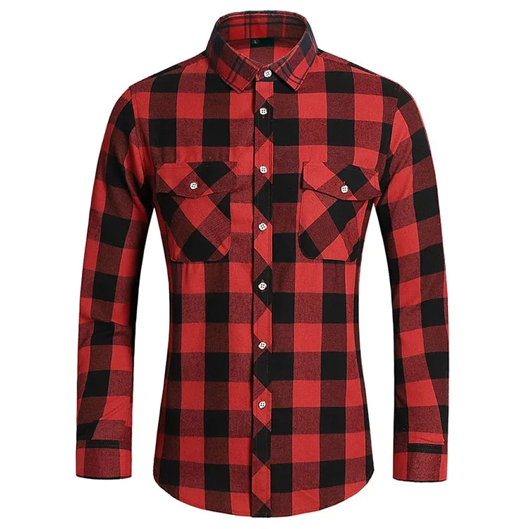 Men's Autumn Clothes Plaid Shirt Vintage Double Pocket Social Camisa Hombre Formal Dress Shirts Men's Clothing