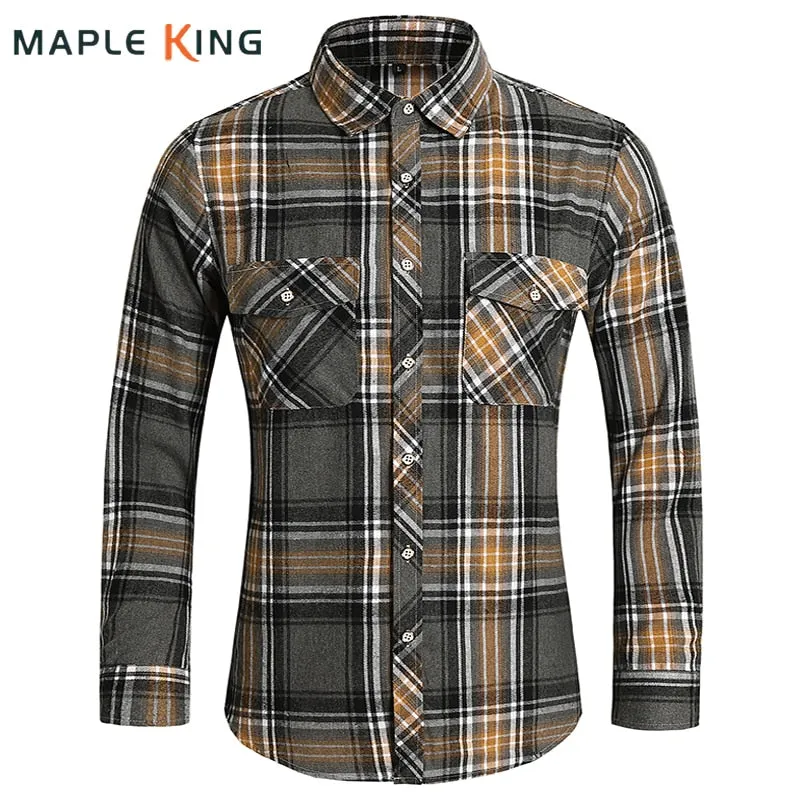 Men's Autumn Clothes Plaid Shirt Vintage Double Pocket Social Camisa Hombre Formal Dress Shirts Men's Clothing