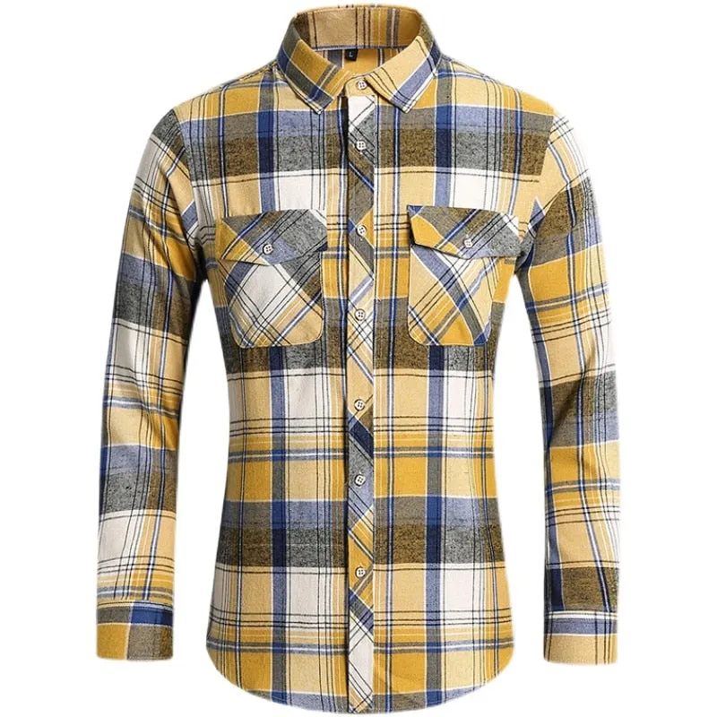 Men's Autumn Clothes Plaid Shirt Vintage Double Pocket Social Camisa Hombre Formal Dress Shirts Men's Clothing