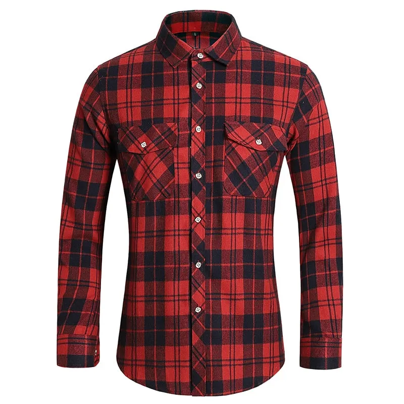 Men's Autumn Clothes Plaid Shirt Vintage Double Pocket Social Camisa Hombre Formal Dress Shirts Men's Clothing