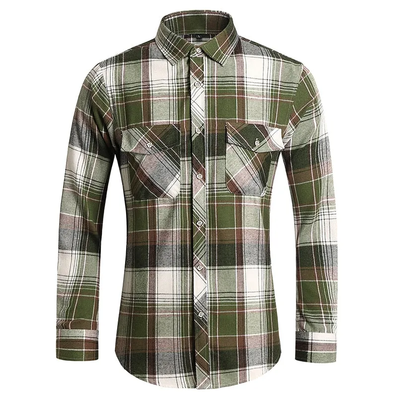 Men's Autumn Clothes Plaid Shirt Vintage Double Pocket Social Camisa Hombre Formal Dress Shirts Men's Clothing