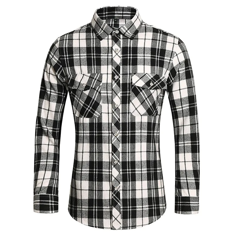 Men's Autumn Clothes Plaid Shirt Vintage Double Pocket Social Camisa Hombre Formal Dress Shirts Men's Clothing