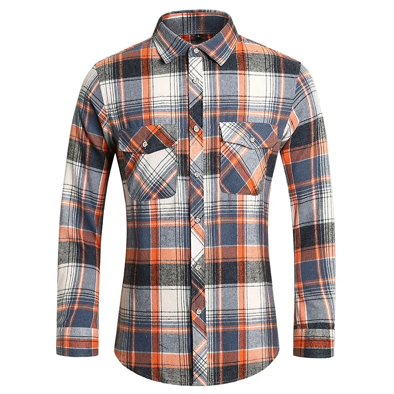 Men's Autumn Clothes Plaid Shirt Vintage Double Pocket Social Camisa Hombre Formal Dress Shirts Men's Clothing