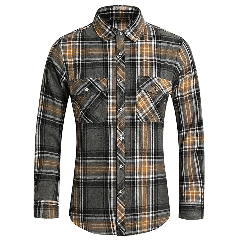 Men's Autumn Clothes Plaid Shirt Vintage Double Pocket Social Camisa Hombre Formal Dress Shirts Men's Clothing