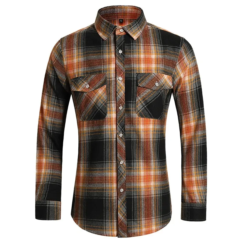 Men's Autumn Clothes Plaid Shirt Vintage Double Pocket Social Camisa Hombre Formal Dress Shirts Men's Clothing