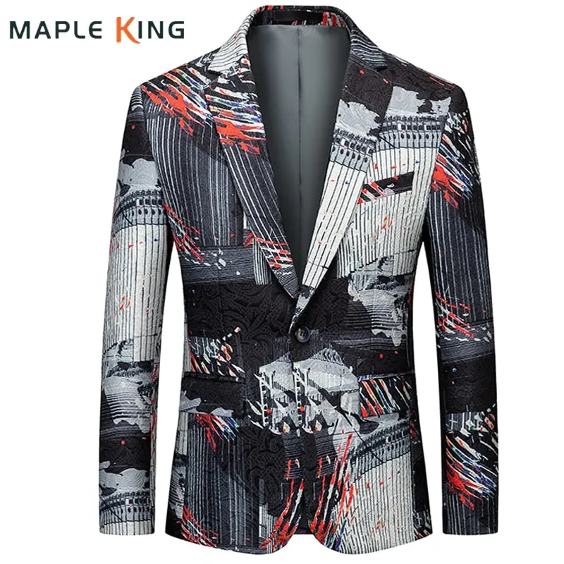 Men's Blazer Casual Steampunk Jacket Luxury Art Print Terno Social Masculino Homme