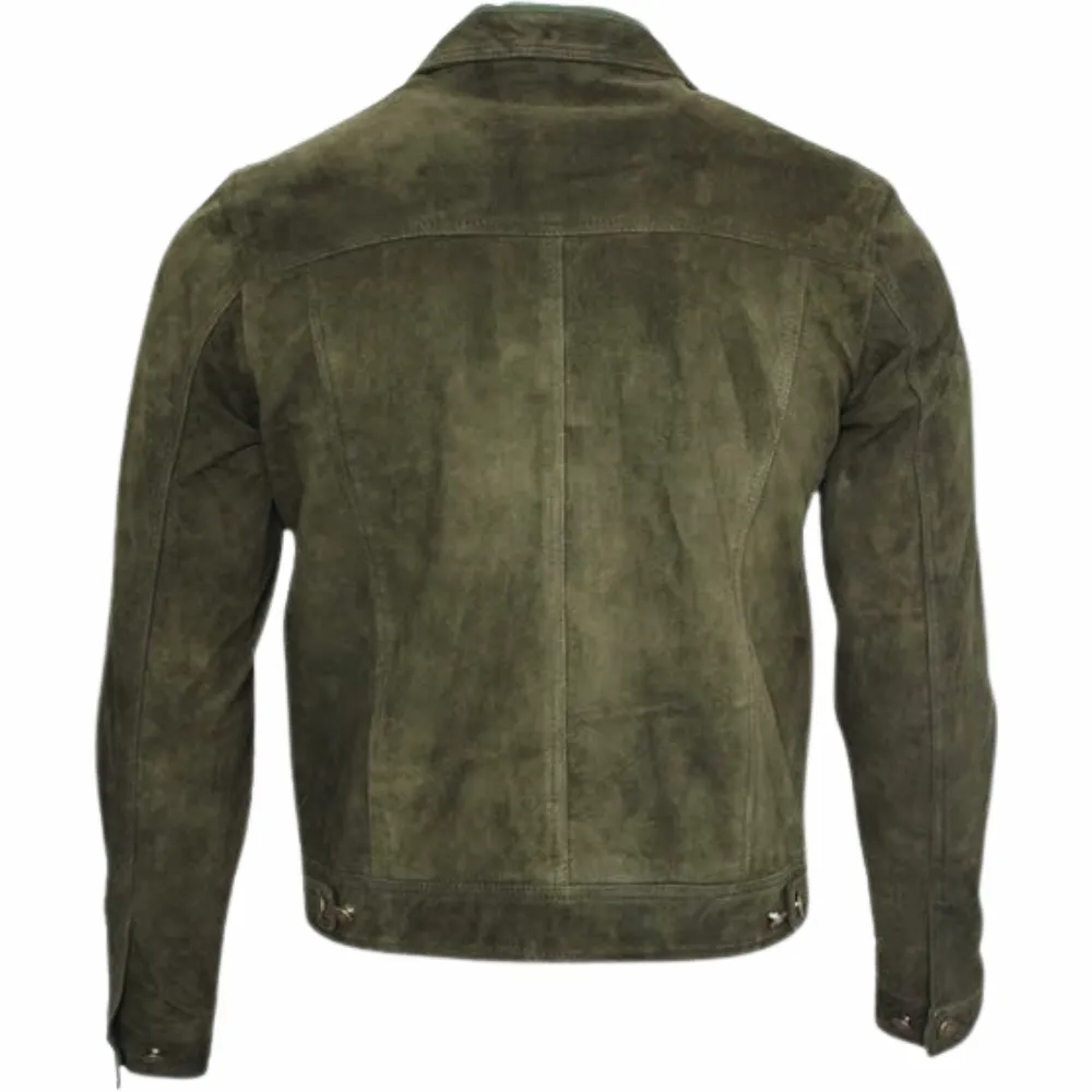 Men's Olive Suede Trucker Jeans Leather Jacket