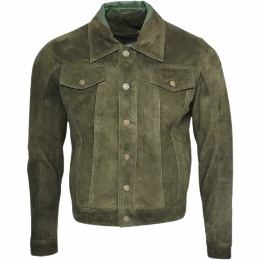 Men's Olive Suede Trucker Jeans Leather Jacket