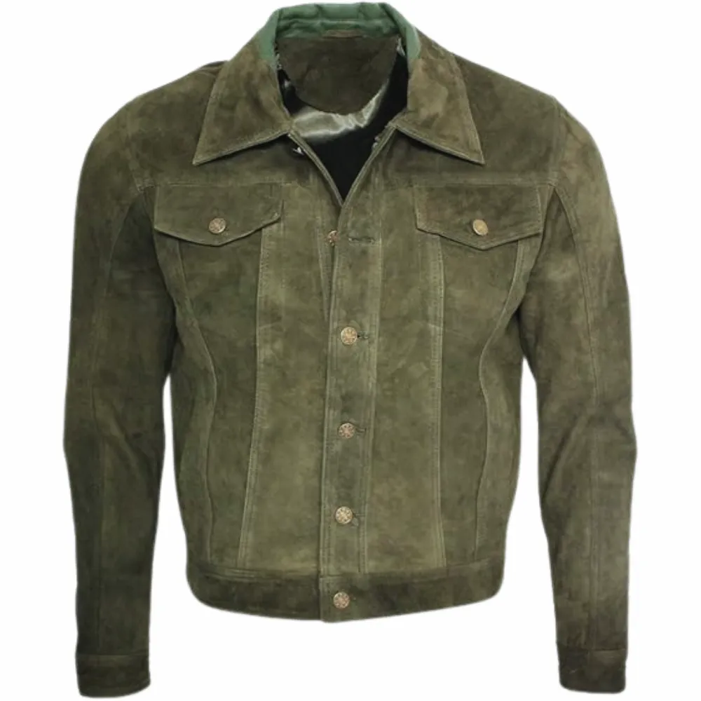 Men's Olive Suede Trucker Jeans Leather Jacket