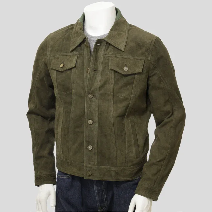 Men's Olive Suede Trucker Jeans Leather Jacket