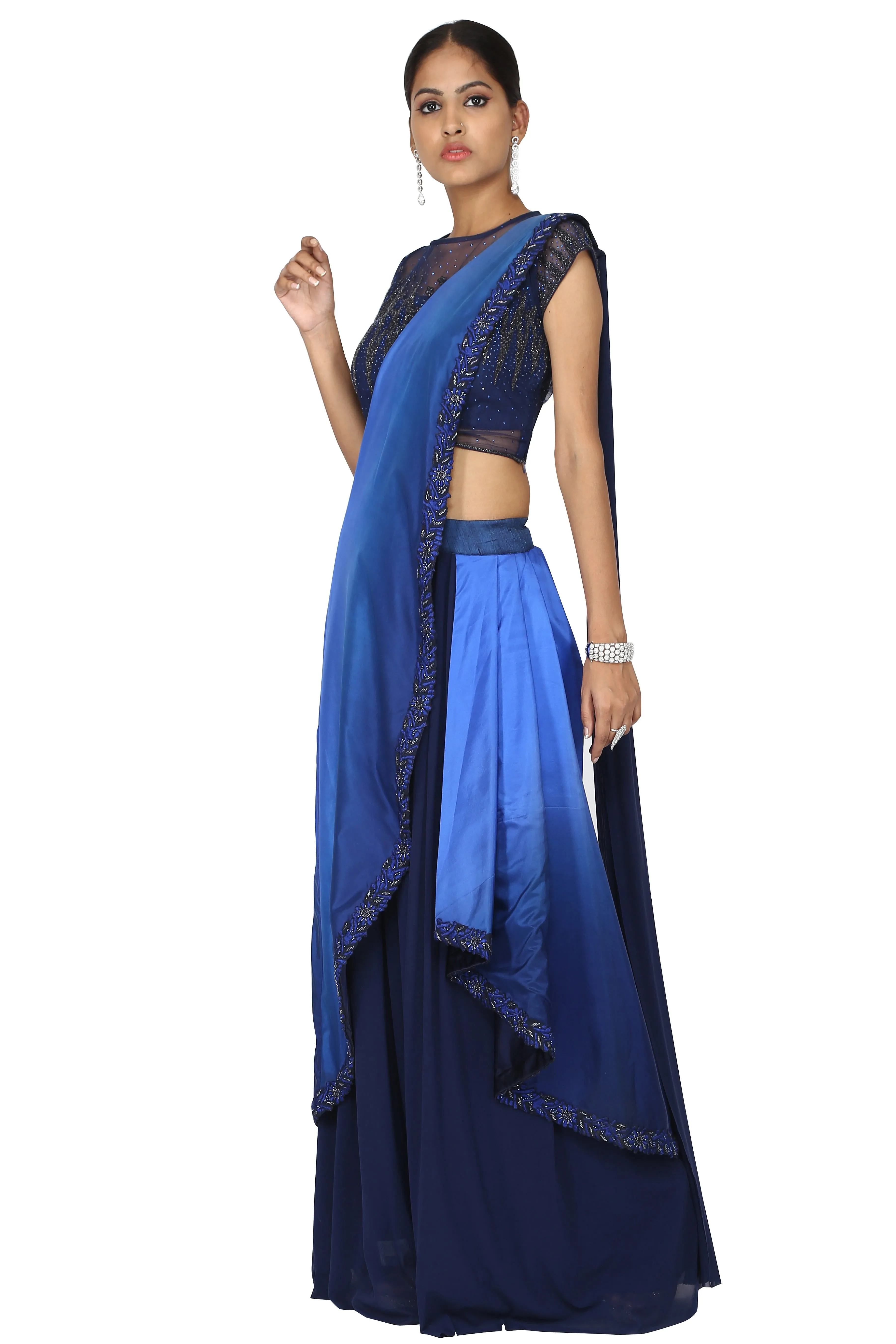 Midnight ombre blue concept drape saree.