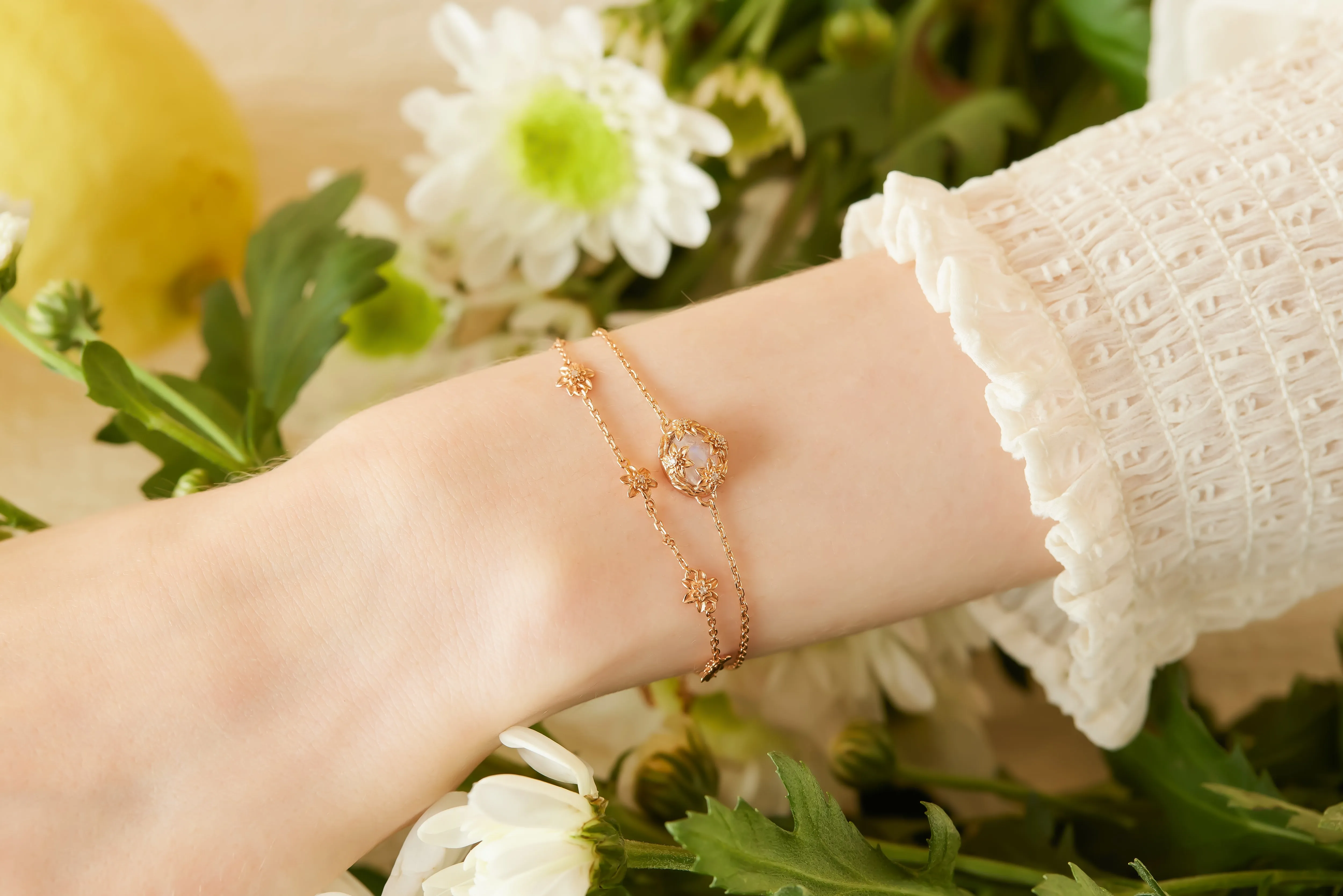 Moonstone Gold Floral Layered Bracelet - Daffodil