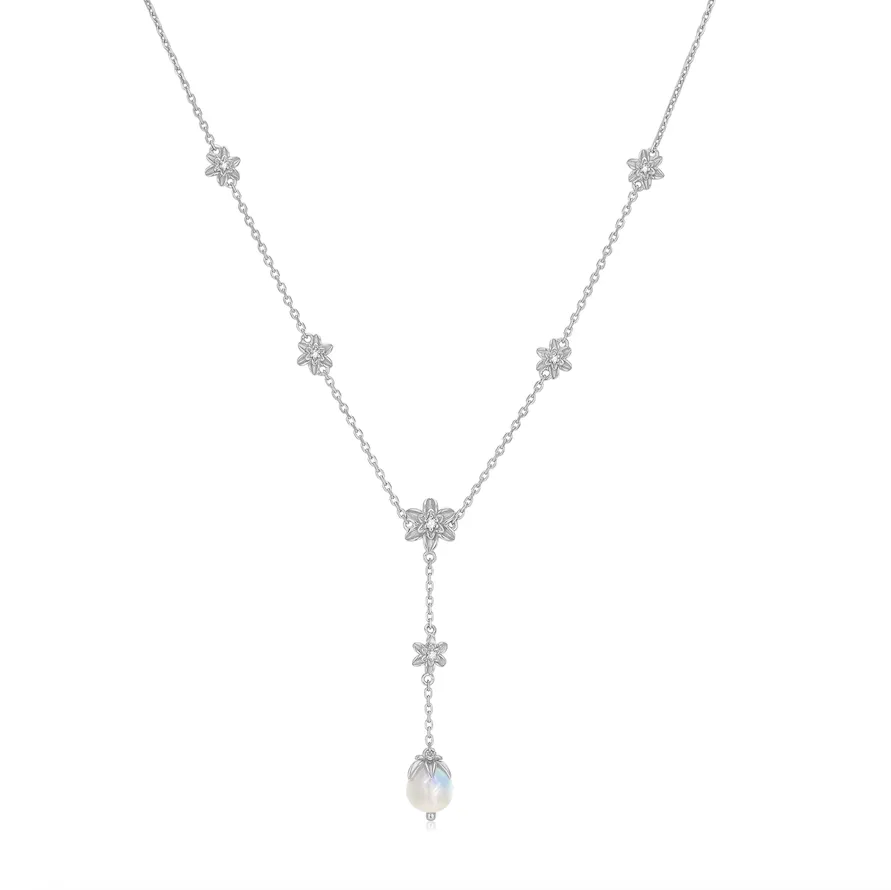 Moonstone Silver Floral Lariat Necklace - Daffodil