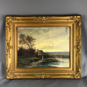 Oil on Canvas Framed Painting Peaceful Walk by the Lake or Sea Victorian Antique c1900