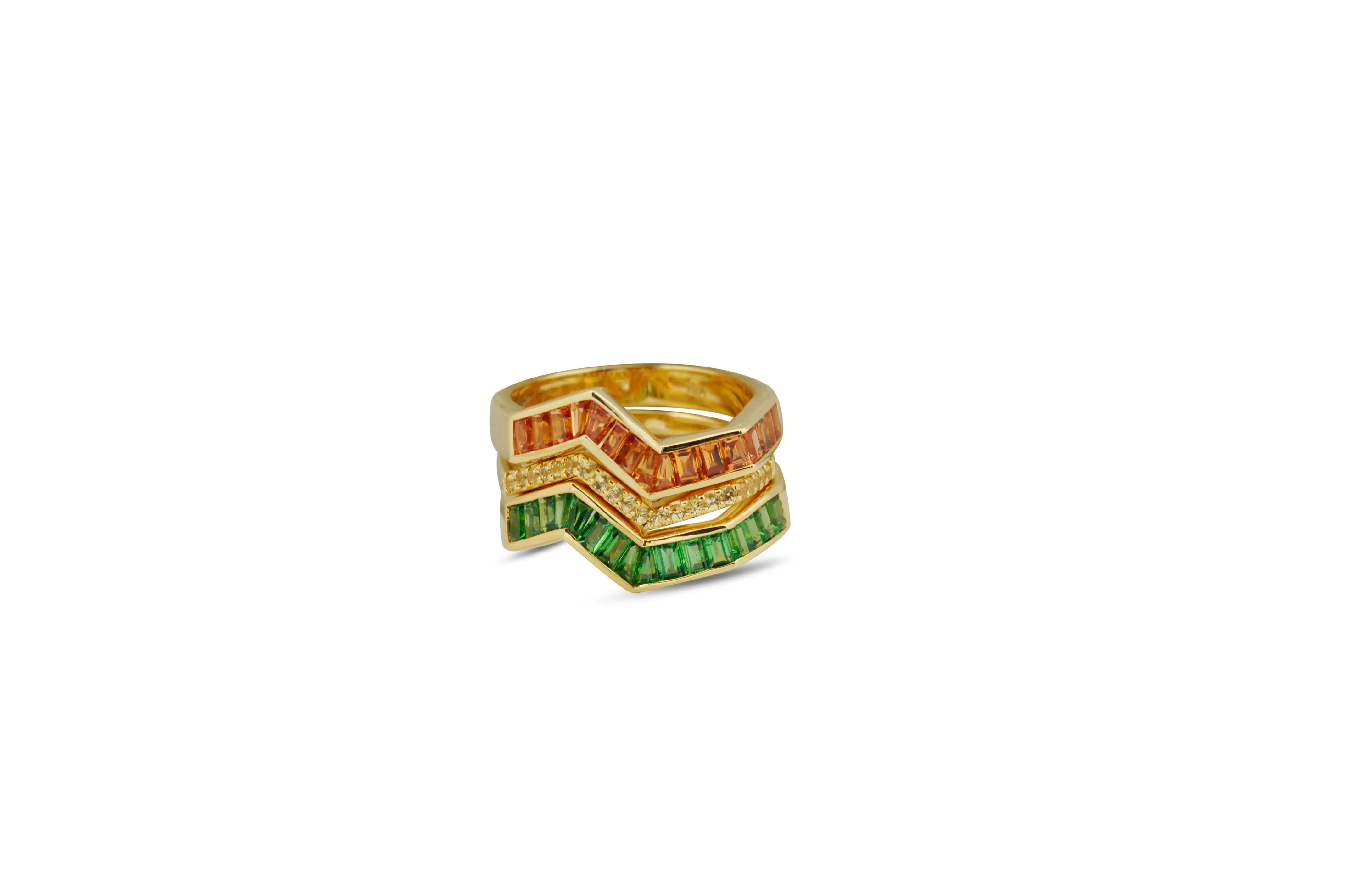 Origami Ziggy Stack of 3 Rings ( Cognac Sapphire, Yellow Sapphire  & Tsavorite)