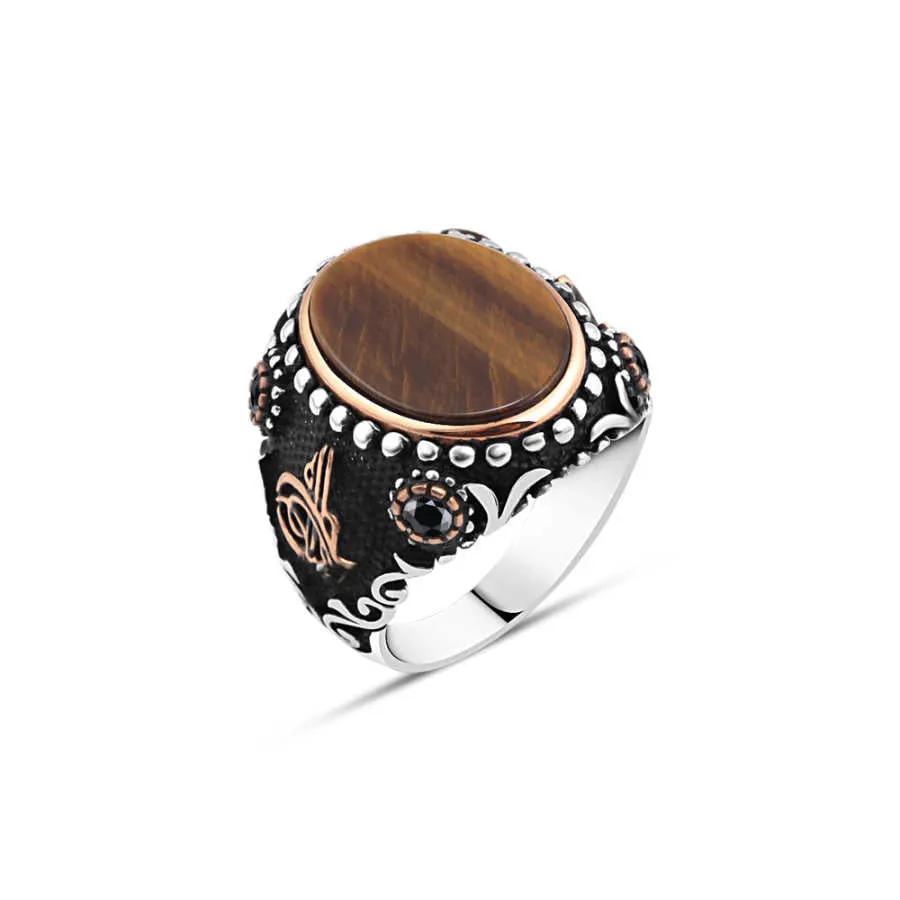 Plain Tiger Eye Stone Ellipse Silver Men's Ring Siding Ottoman Tughra and Zircon Stones