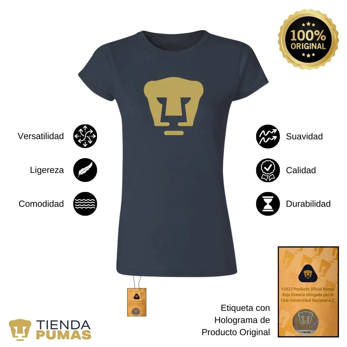 Playera Mujer Pumas UNAM Logo Dorado Vinil