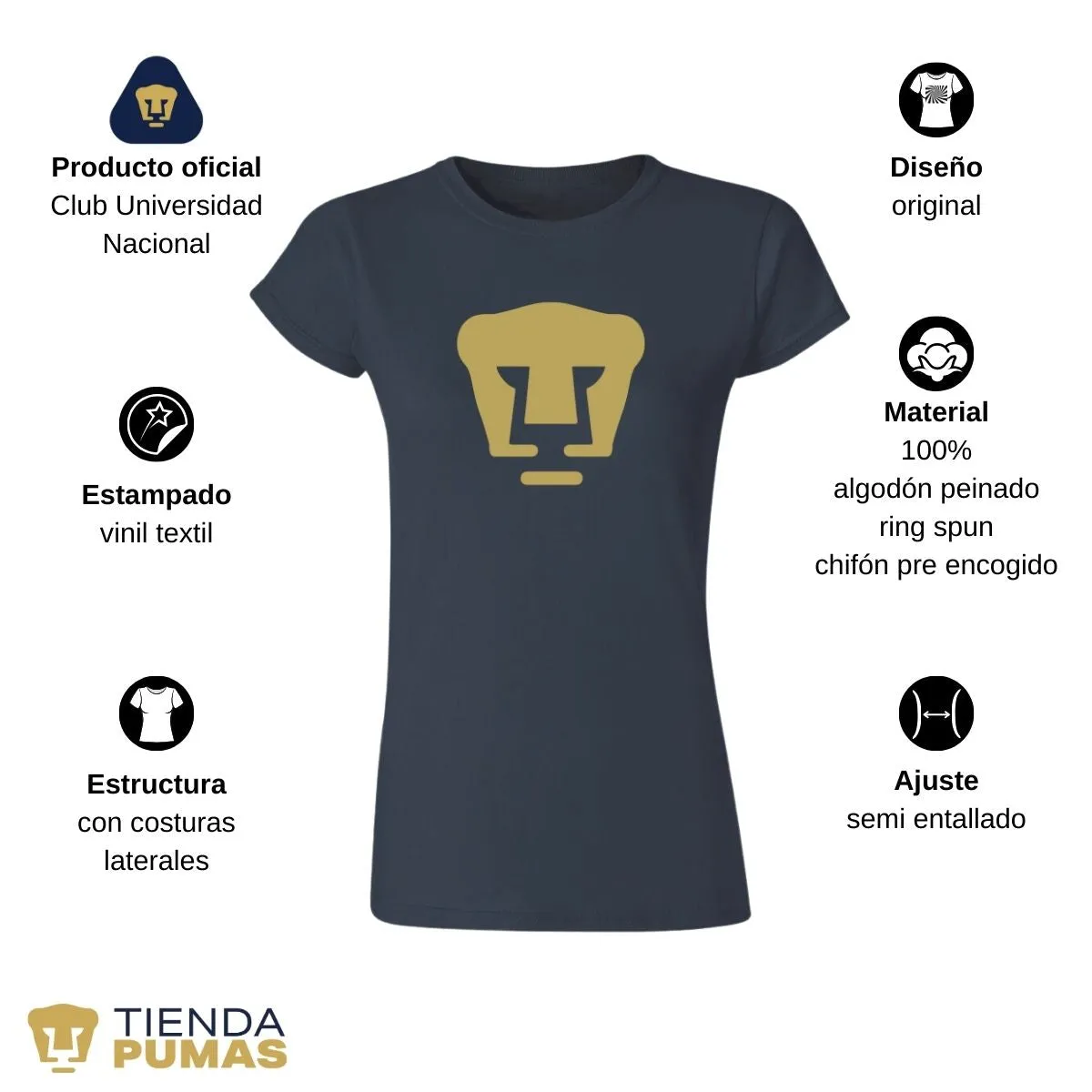 Playera Mujer Pumas UNAM Logo Dorado Vinil